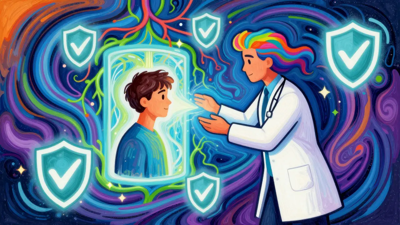 Stylized doctor and patient connected by colorful energy waves