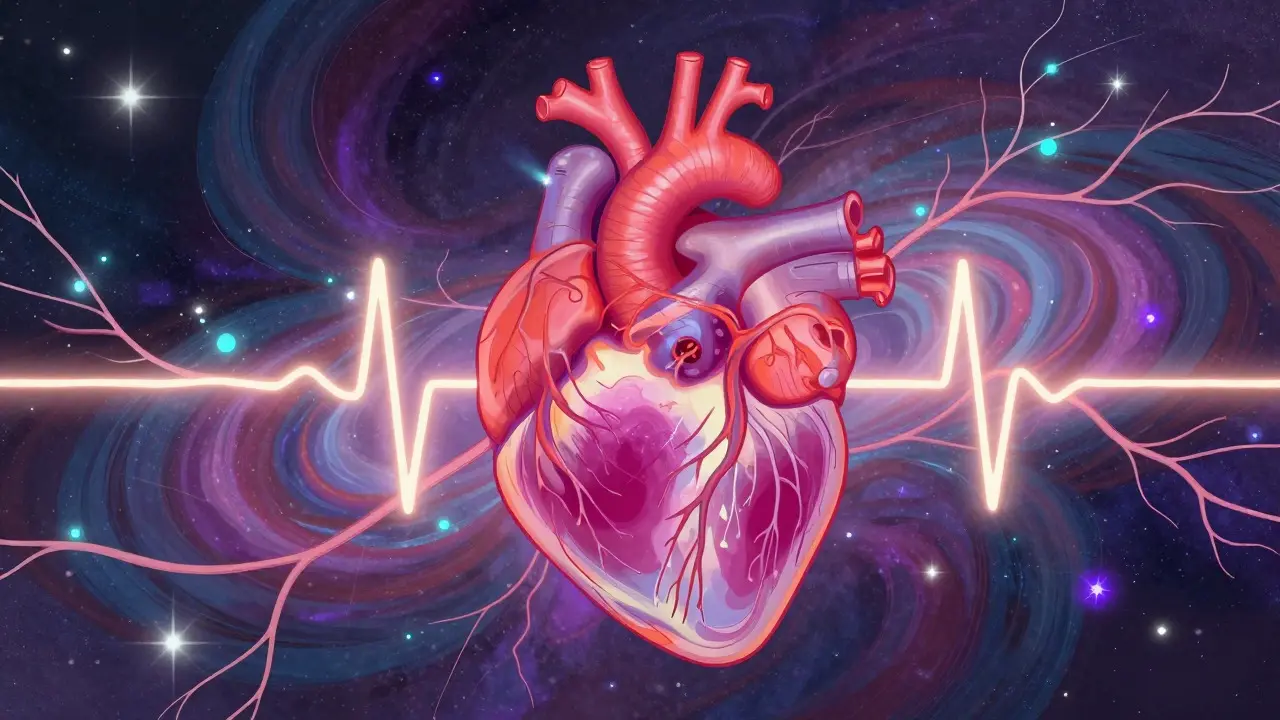 Stylized illustration of a beating heart and glowing nerves set against a cosmic, colorful background