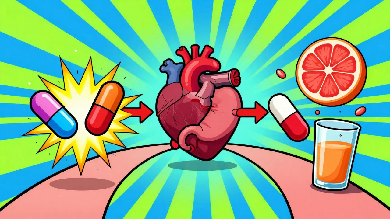 Stylized pills, a heart, and grapefruit interacting in a vibrant, colorful Peter Max style illustration.