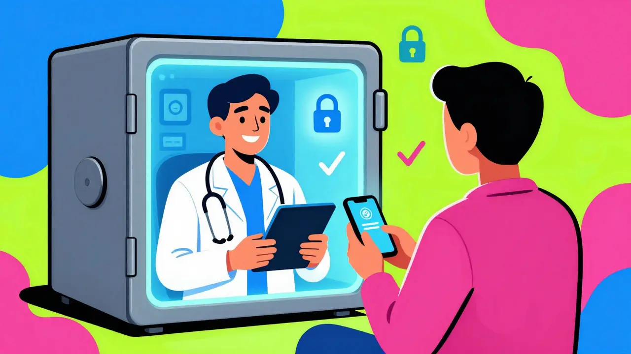 Telehealth consultation on tablet with secure, colorful abstract background