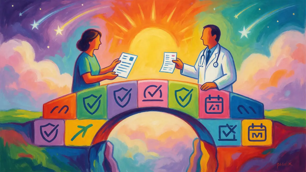 Colorful bridge connecting patient and doctor symbolizing safe medication start