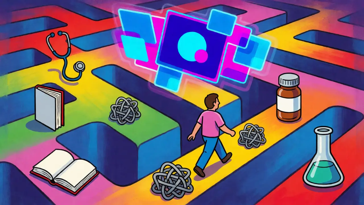 Patient navigating colorful maze of REMS requirement icons toward medicine bottle